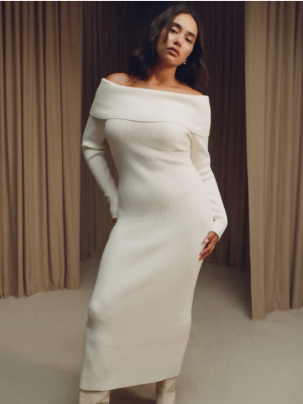 Abercrombie & Fitch Off Shoulder Knit Maxi Dress in White